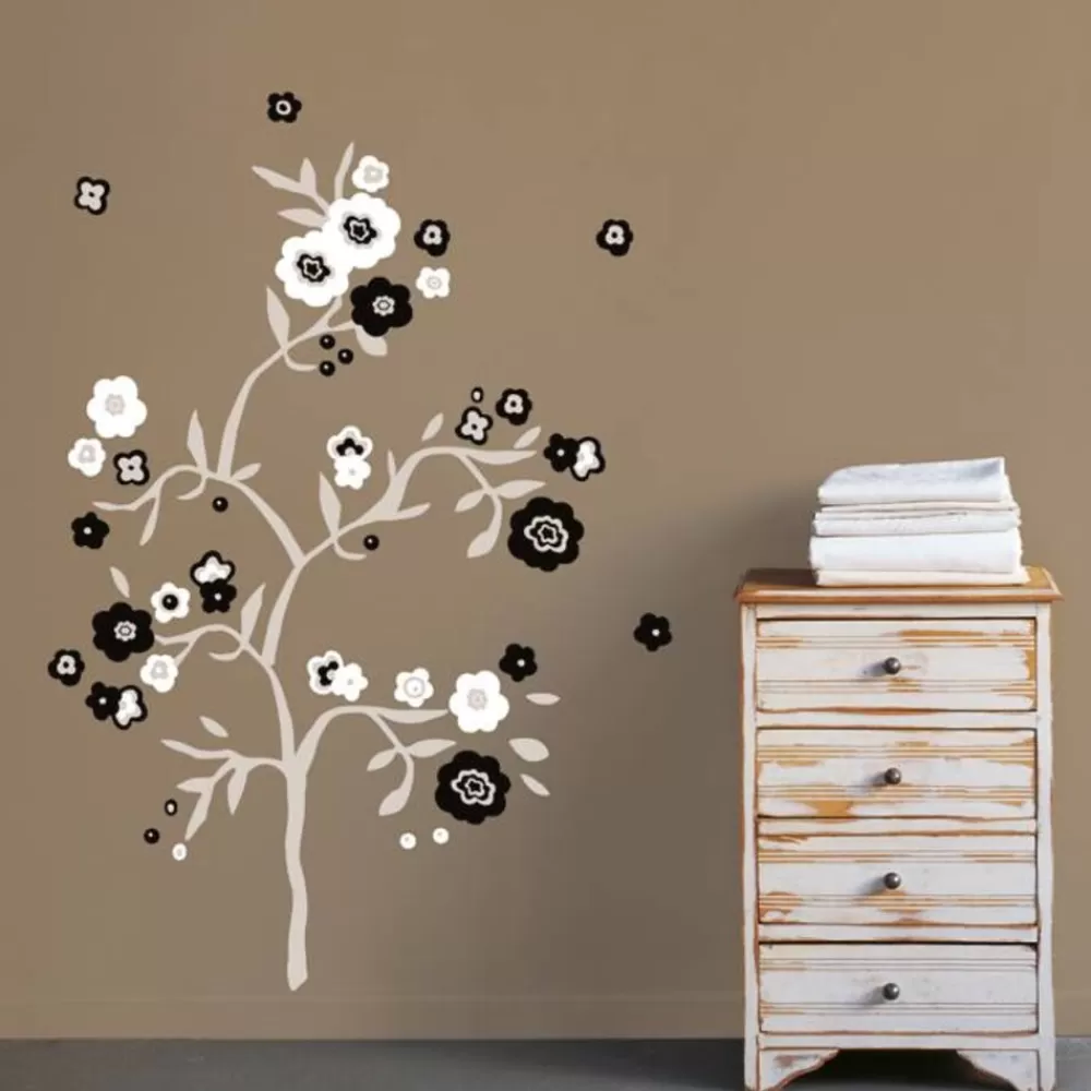 Clearance Kidzsupplies Nouvelles Images Nouvelles Images Muursticker Boom Met Bloemen Grijs, Zwart En Wit